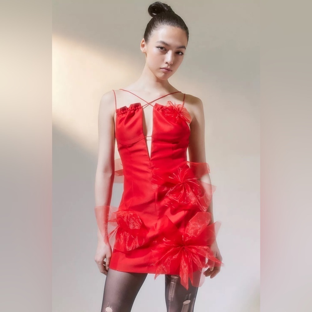 NWT For Love & Lemons Alberta Satin Low-Back Red Bow Strappy Mini Dress Medium